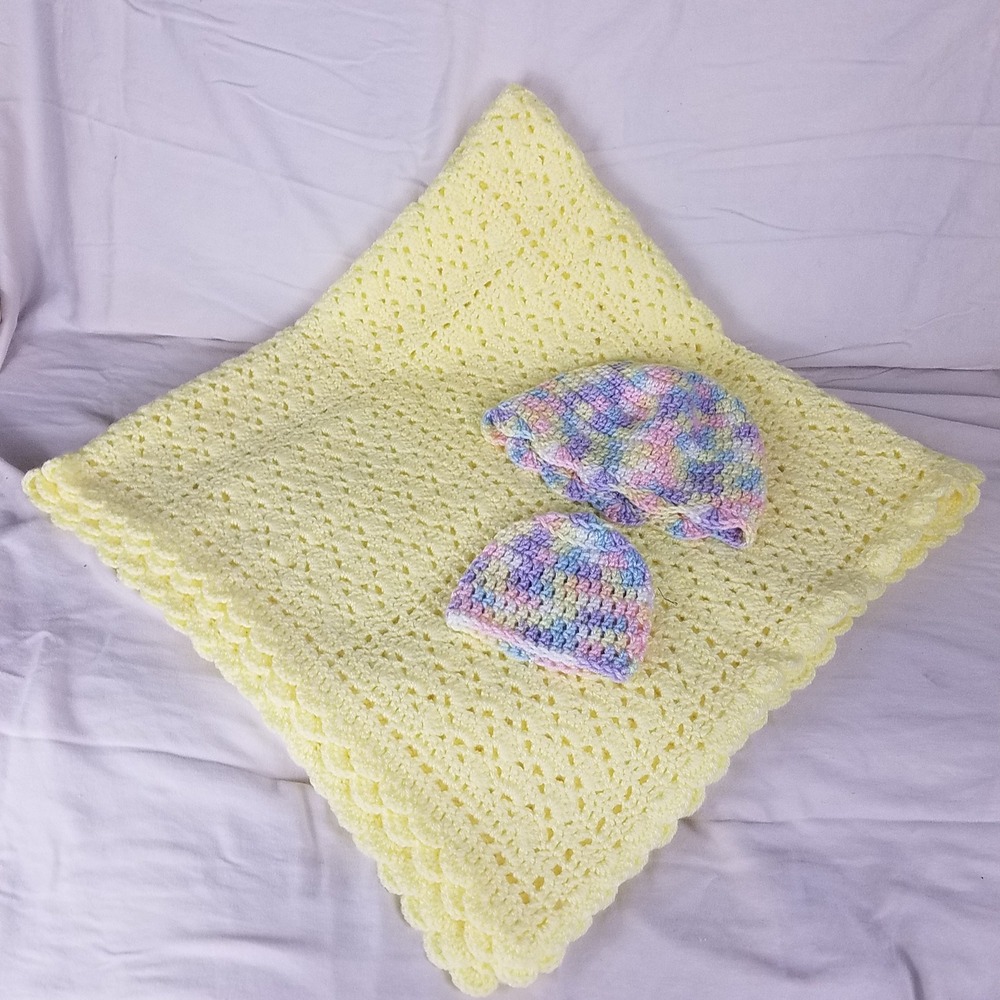 Handmade Crochet Baby Blanket Hats Infant Toddler Yellow Pastel New Acrylic